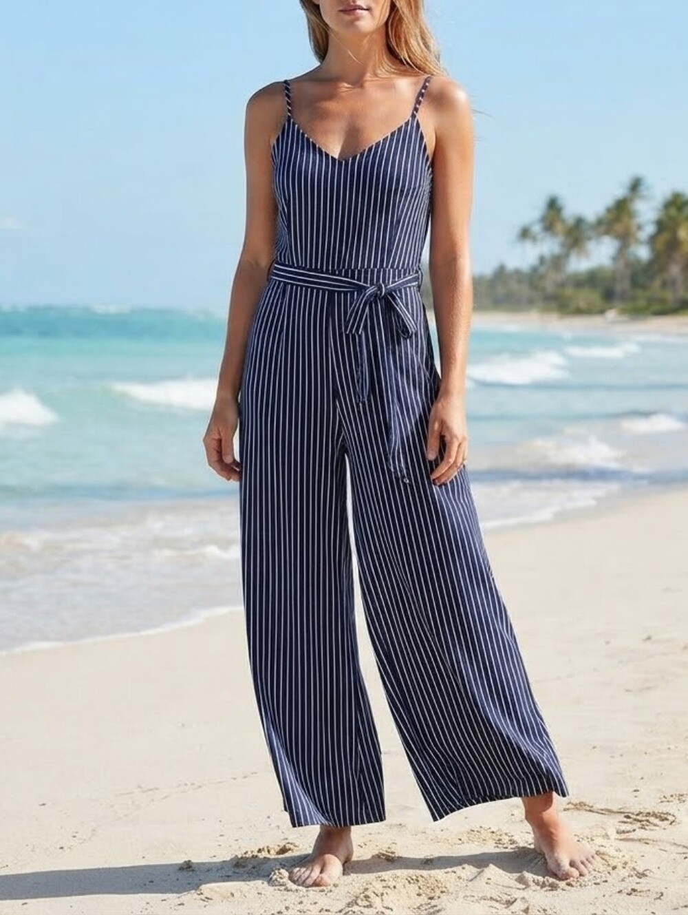 Monteau Navy and White Striped Sleeveless Jumpsuit with Waist Tie
